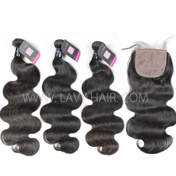Superior Grade mix 3 bundles with silk base closure 4*4" Peruvian Body Wave Virgin Human hair extensions