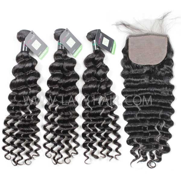 Regular Grade mix 4 bundles with silk base closure 4*4" Brazilian Deep wave Virgin Human hair extensions