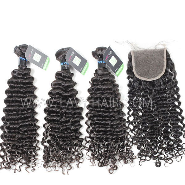 Regular Grade mix 4 bundles with lace closure Peruvian Deep Curly Virgin Human hair extensions