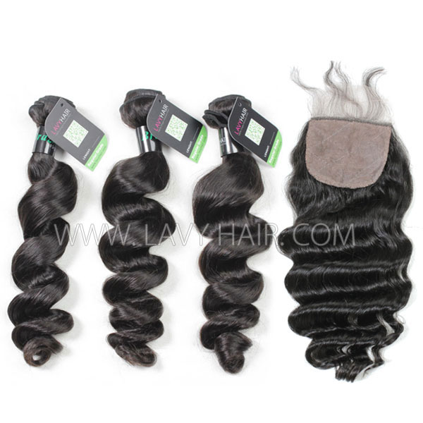 Regular Grade mix 4 bundles with silk base closure 4*4" Peruvian loose wave Virgin Human hair extensions