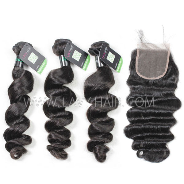 Regular Grade mix 4 bundles with lace closure Brazilian Loose Wave Virgin Human hair extensions
