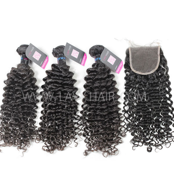 Superior Grade mix 3 bundles with lace closure Peruvian Deep Curly Virgin Human hair extensions
