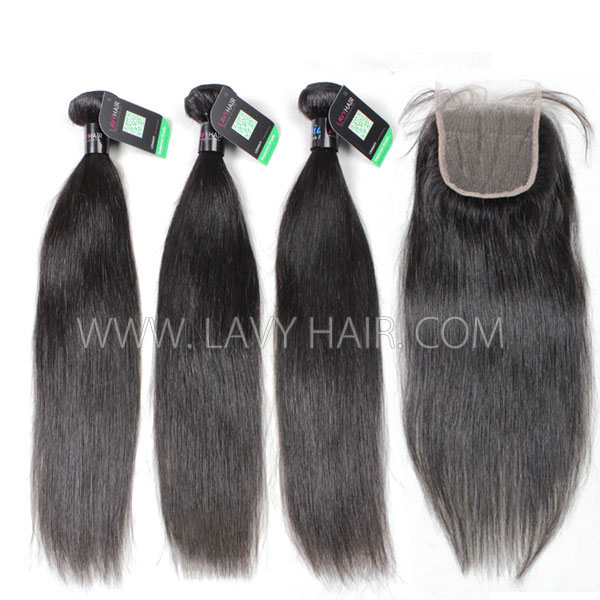 Regular Grade mix 4 bundles with lace closure Peruvian Straight Hair Virgin Human hair extensions
