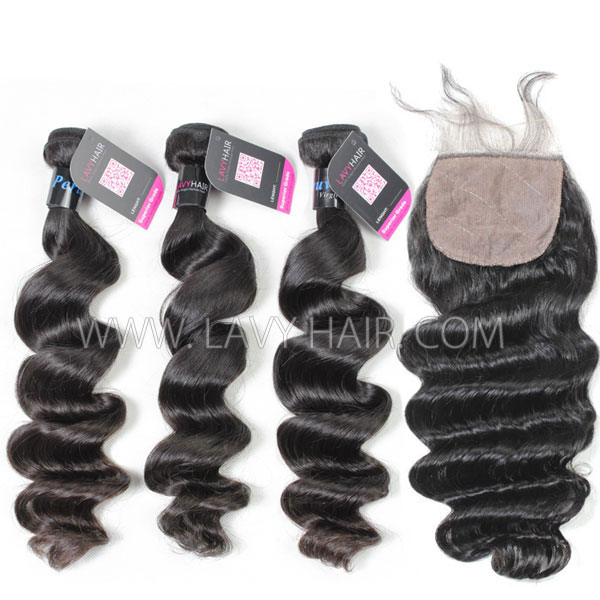 Superior Grade mix 4 bundles with silk base closure 4*4" Peruvian Loose Wave Virgin Human Hair Extensions