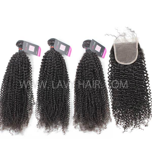 Superior Grade mix 4 bundles with lace closure Cambodian Kinky Curly Virgin Human hair extensions
