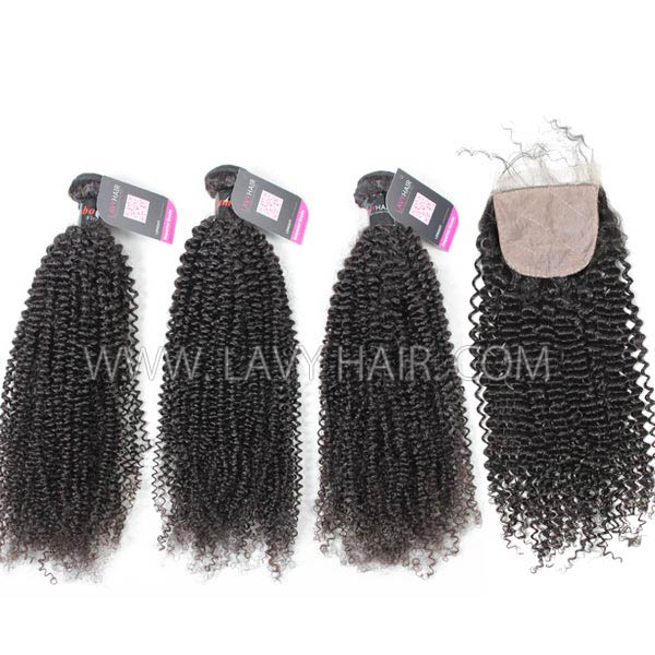 Superior Grade mix 3 bundles with silk base closure 4*4" Cambodian Kinky Curly Virgin Human hair extensions