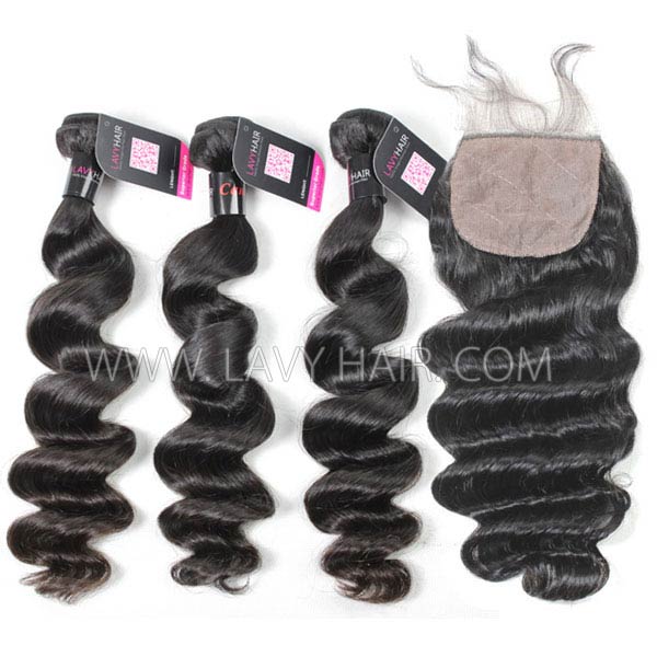 Superior Grade mix 3 bundles with silk base closure 4*4" Cambodian loose wave Virgin Human hair extensions