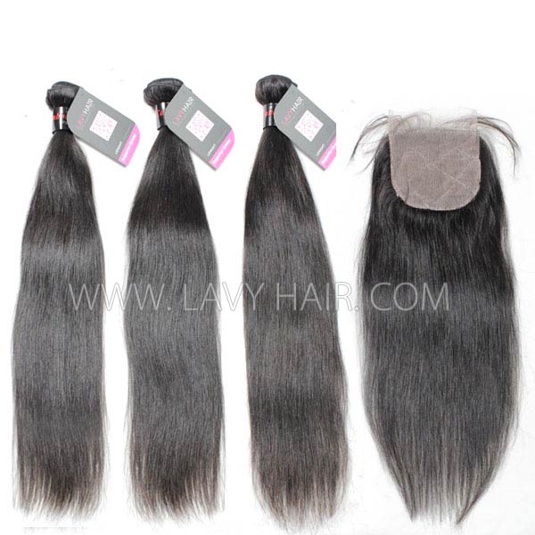 Superior Grade mix 4 bundles with silk base closure 4*4" Cambodian Straight Virgin Human hair extensions