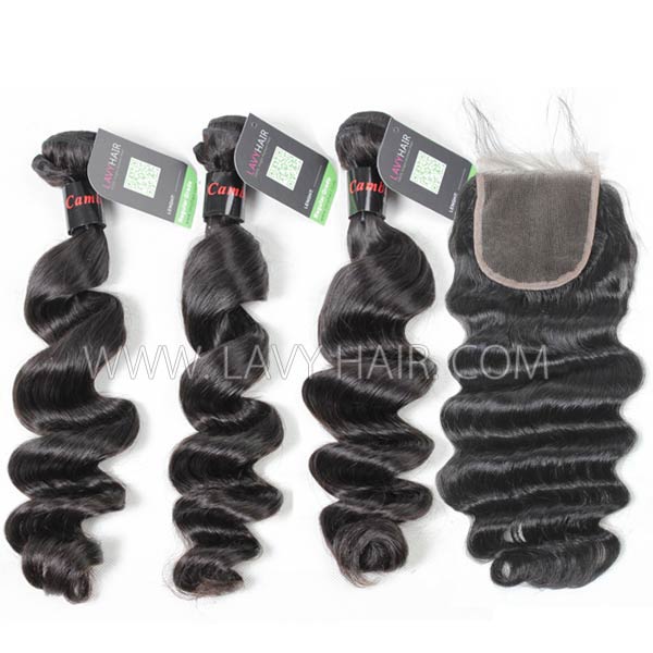 Regular Grade mix 4 bundles with lace closure Cambodian Loose Wave Virgin Human hair extensions