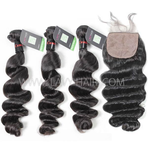 Regular Grade mix 4 bundles with silk base closure 4*4" Cambodian loose wave Virgin Human hair extensions