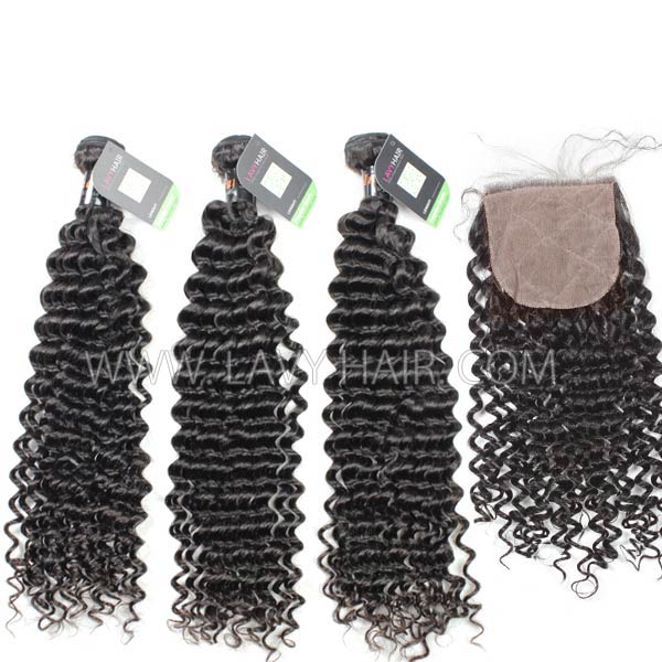 Regular Grade mix 4 bundles with silk base closure 4*4" Indian Deep Curly Virgin Human hair extensions