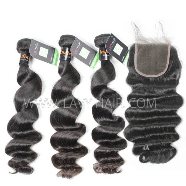 Regular Grade mix 3 bundles with lace closure Indian Loose Wave Virgin Human hair extensions