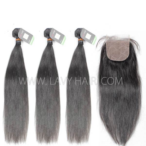 Regular Grade mix 4 bundles with silk base closure 4*4" Indian Straight Virgin Human hair extensions