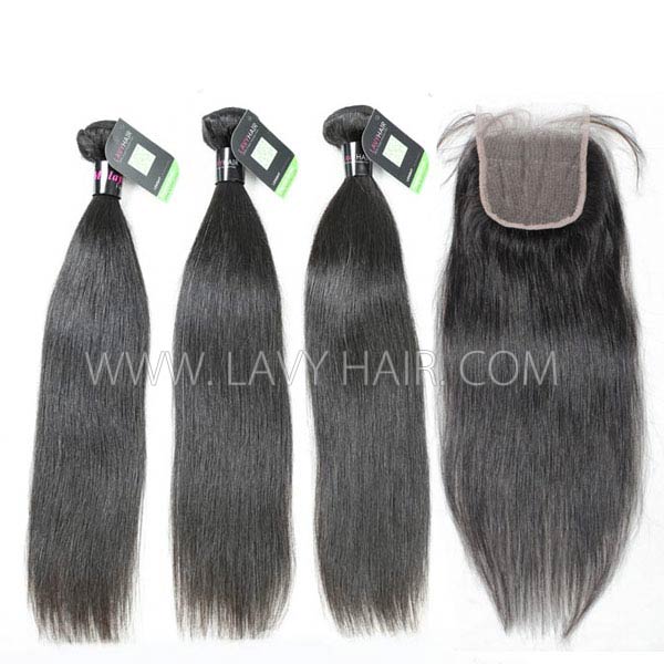 Regular Grade mix 3 bundles with lace closure Malaysian Straight Virgin Human hair extensions