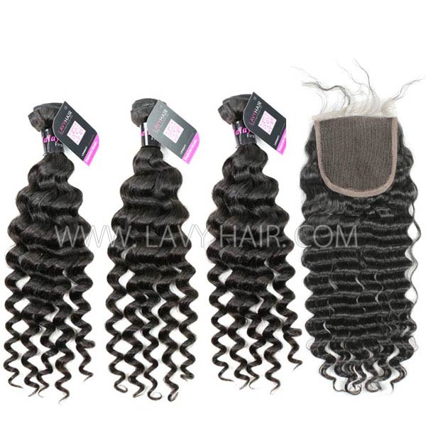 Superior Grade mix 3 bundles with lace closure Malaysian deep wave Virgin Human hair extensions