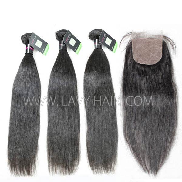 Regular Grade mix 4 bundles with silk base closure 4*4" Malaysian Straight Virgin Human hair extensions