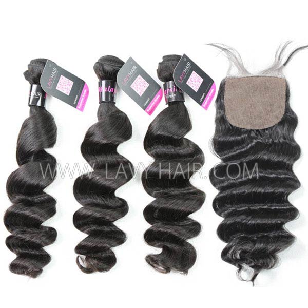 Superior Grade mix 4 bundles with silk base closure 4*4" Malaysian Loose Wave Virgin Human Hair Extensions