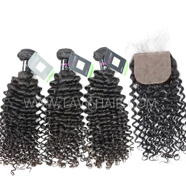 Regular Grade mix 4 bundles with silk base closure 4*4" Malaysian Deep Curly Virgin Human hair extensions