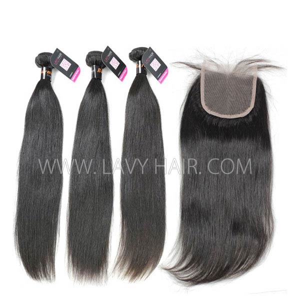 Superior Grade mix 3 bundles with lace closure Burmese Straight Virgin Human hair extensions