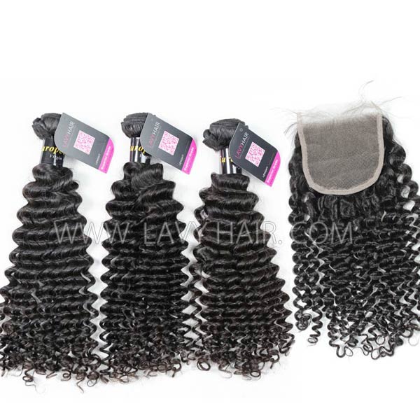 Superior Grade mix 3 bundles with lace closure European deep curly Virgin Human hair extensions