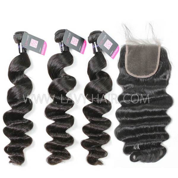 Superior Grade mix 4 bundles with lace closure Mongolian Loose Wave Virgin Human Hair Extensions