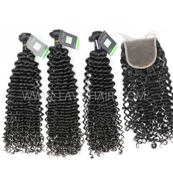 Regular Grade mix 4 bundles with lace closure European Deep Curly Virgin Human hair extensions