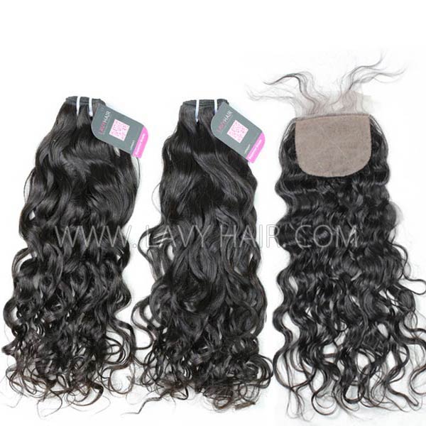 Superior Grade mix 3 bundles with silk base closure 4*4" Mongolian Natural Wave Virgin Human Hair Extensions