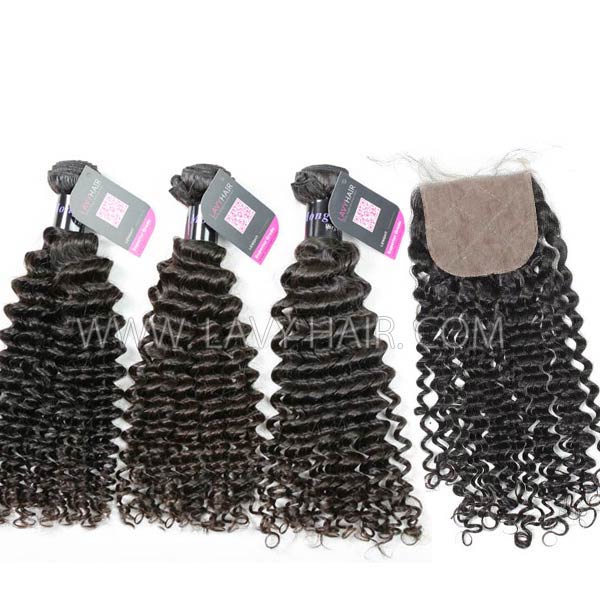 Superior Grade mix 4 bundles with silk base closure 4*4" Mongolian Deep Curly Virgin Human hair extensions