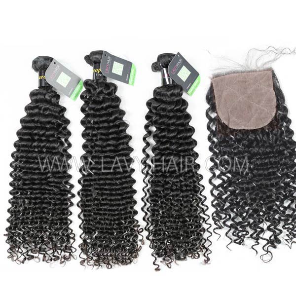 Regular Grade mix 4 bundles with silk base closure 4*4" European Deep Curly Virgin Human hair extensions