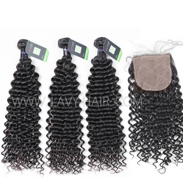 Regular Grade mix 3 bundles with silk base closure 4*4" Mongolian Deep Curly Virgin Human hair extensions