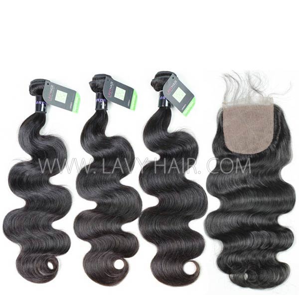 Regular Grade mix 3 bundles with silk base closure 4*4" Mongolian Body Wave Virgin Human hair extensions