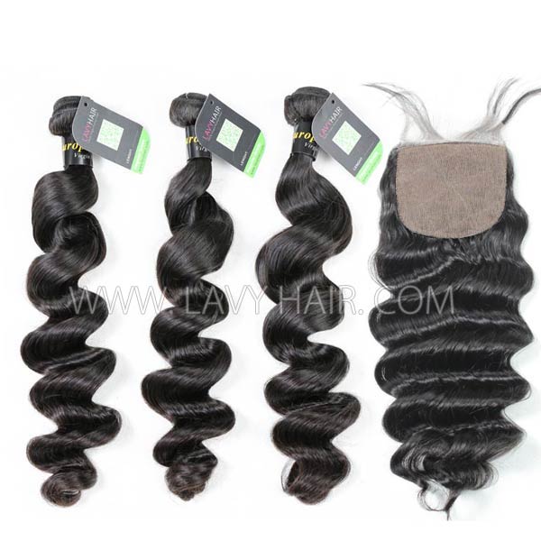 Regular Grade mix 4 bundles with silk base closure 4*4" European loose wave Virgin Human hair extensions