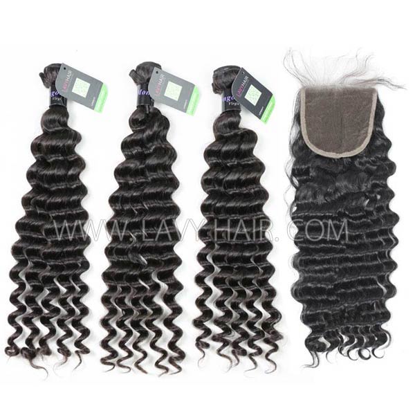 Regular Grade mix 3 bundles with lace closure Mongolian Deep wave Virgin Human hair extensions