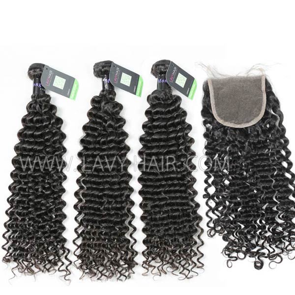Regular Grade mix 4 bundles with lace closure Mongolian Deep Curly Virgin Human hair extensions