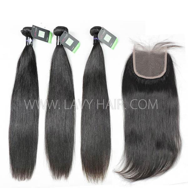 Regular Grade mix 3 bundles with lace closure Mongolian Straight Virgin Human hair extensions