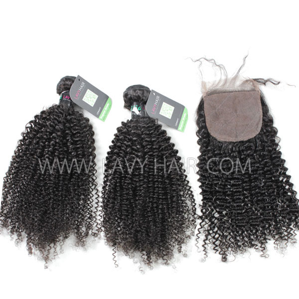 Regular Grade mix 3 bundles with silk base closure 4*4" Brazilian Kinky Curly Virgin Human hair extensions