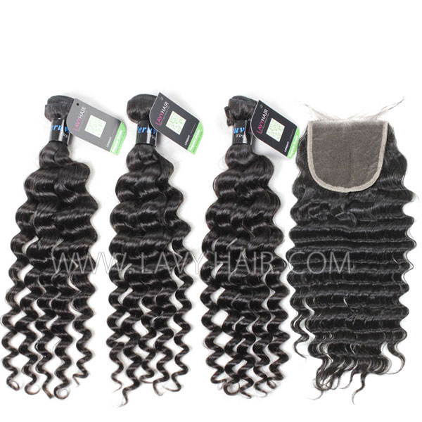 Regular Grade mix 3 bundles with lace closure Peruvian Deep wave Virgin Human hair extensions