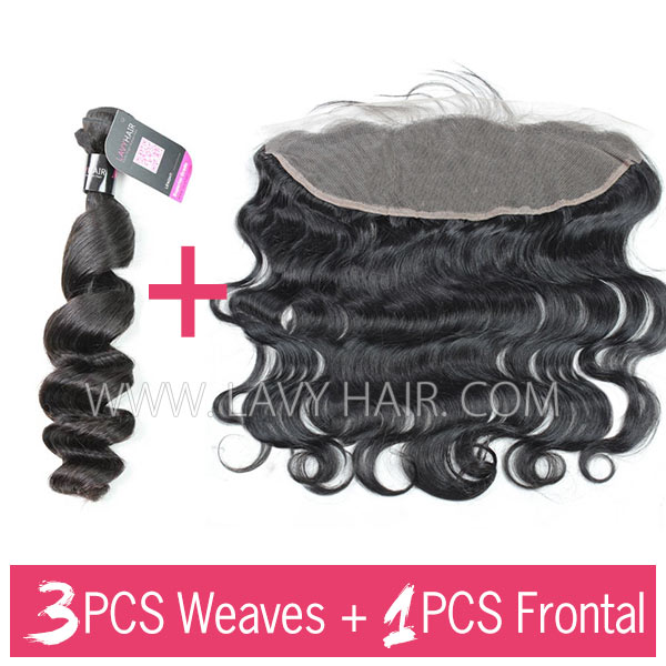 Superior Grade mix 3 bundles with 13*4 lace frontal closure Malaysian Loose Wave Virgin Human Hair Extensions
