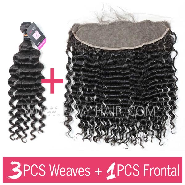 Superior Grade mix 3 bundles with 13*4 lace frontal closure Indian Deep Wave Virgin Human hair extensions