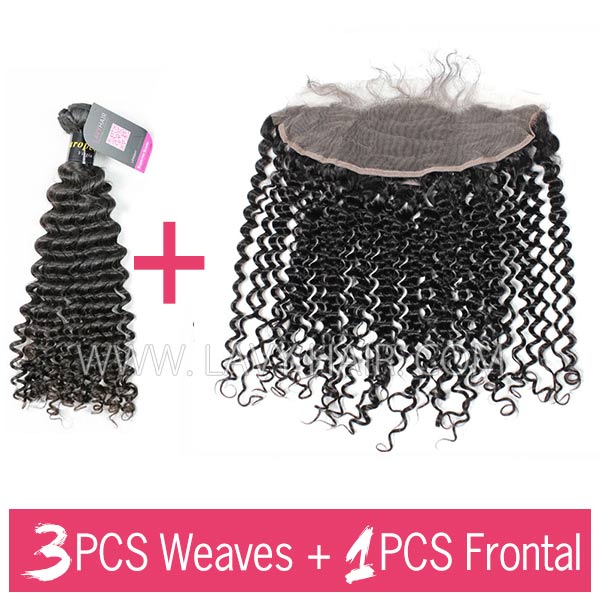 Superior Grade mix 3 bundles with 13*4 lace frontal closoure European Deep Curly Virgin Human Hair Extensions