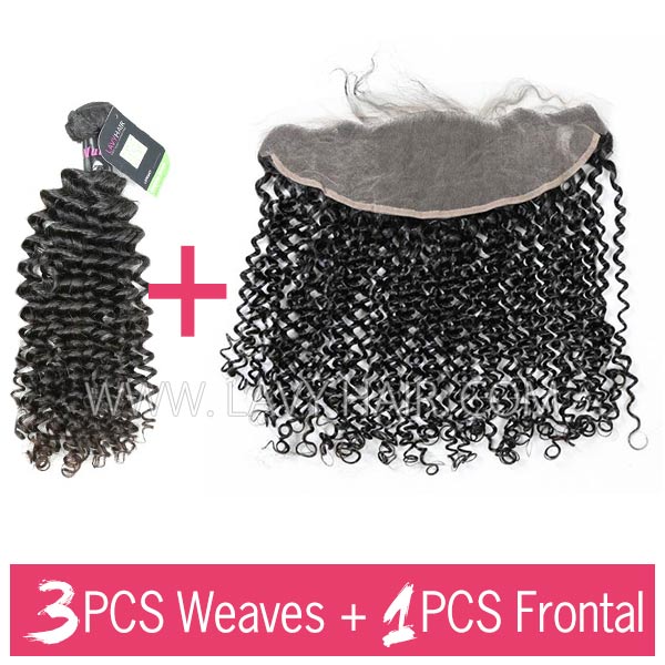 Regular Grade mix 3 bundles with 13*4 lace frontal closure Malaysian Deep Curly Virgin Human hair extensions
