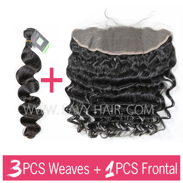 Regular Grade mix 3 bundles with 13*4 lace frontal closure European Loose wave Virgin Human hair extensions