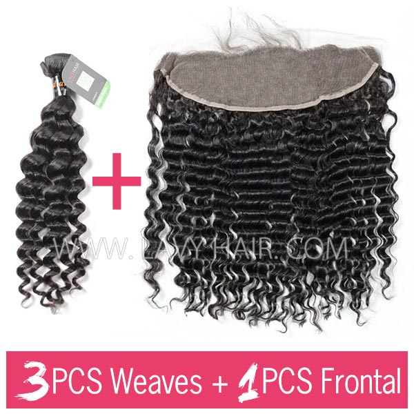 Regular Grade mix 3 bundles with 13*4 lace frontal closure Indian Deep Wave Virgin Human hair extensions