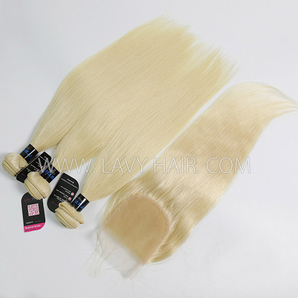 #613 Superior Grade mix 3 bundles with lace closure Peruvian Straight Virgin Human hair extensions