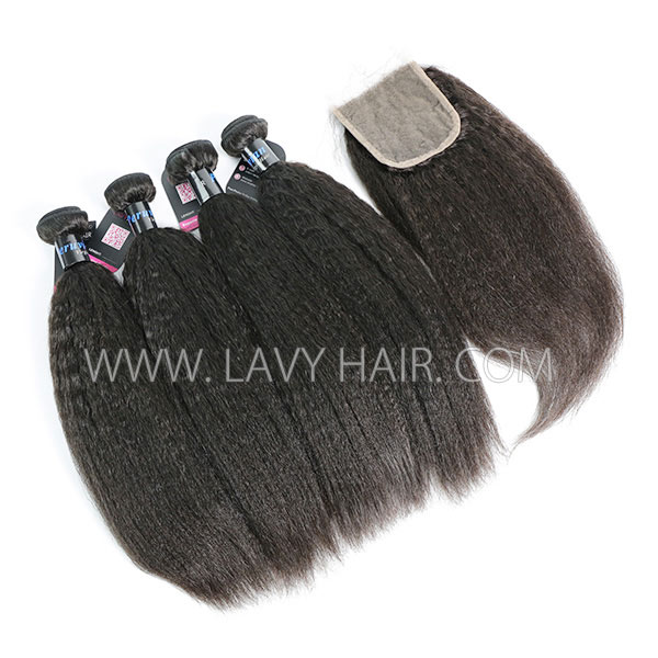 Superior Grade mix 4 bundles with lace closure Peruvian Kinky Straight Virgin Human hair extensions