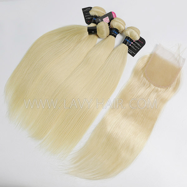 #613 Superior Grade mix 4 bundles with lace closure Peruvian Straight Virgin Human hair extensions