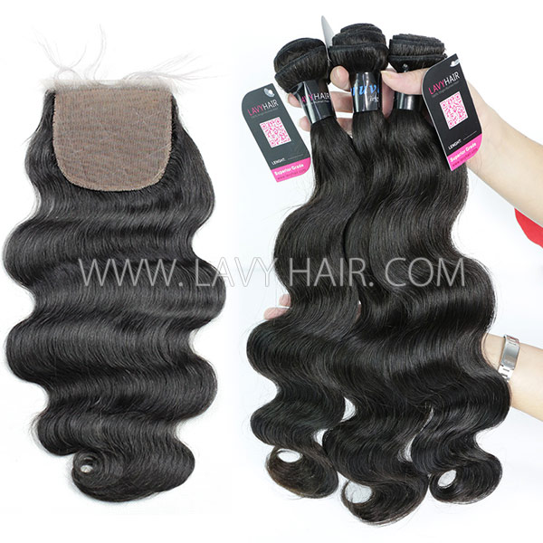 Superior Grade mix 3 bundles with silk base closure 4*4" Peruvian Body Wave Virgin Human hair extensions