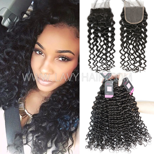 Superior Grade mix 3 bundles with lace closure Cambodian Italian Curly Virgin Human hair extensions