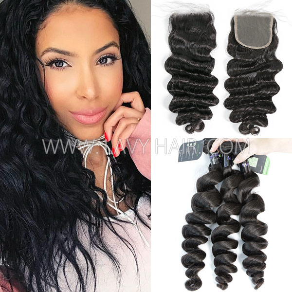 Regular Grade mix 3 bundles with lace closure Mongolian Loose Wave Virgin Human hair extensions