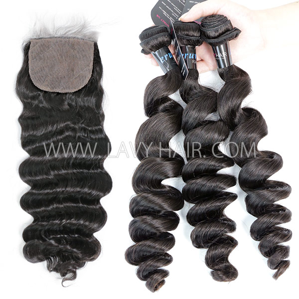 Superior Grade mix 3 bundles with silk base closure 4*4" Peruvian Loose Wave Virgin Human Hair Extensions